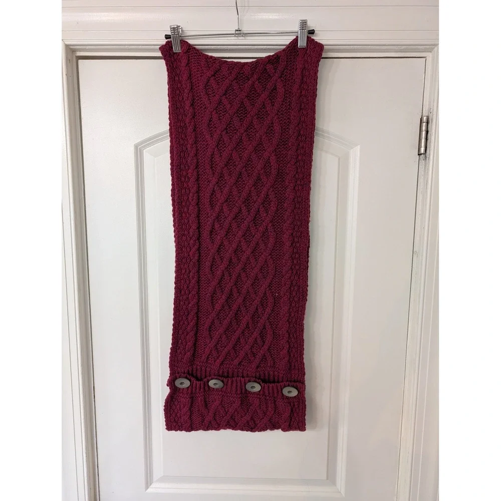 Nua Burgundy 100% Extrafine Merino Wool Cable Knit Button Scarf Chunky Winter